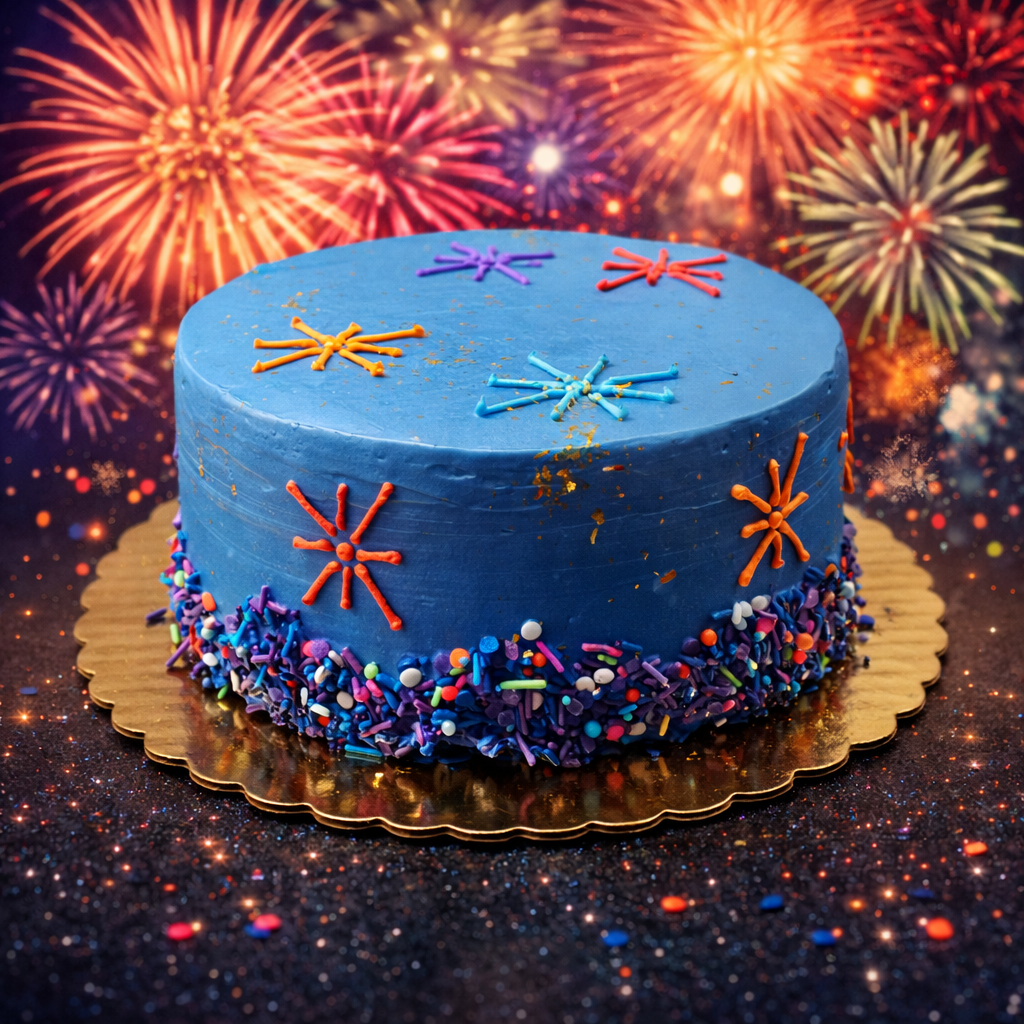A blue cake decorated with colorful star-shaped sprinkles and a gold board, set against a backdrop of vibrant fireworks.