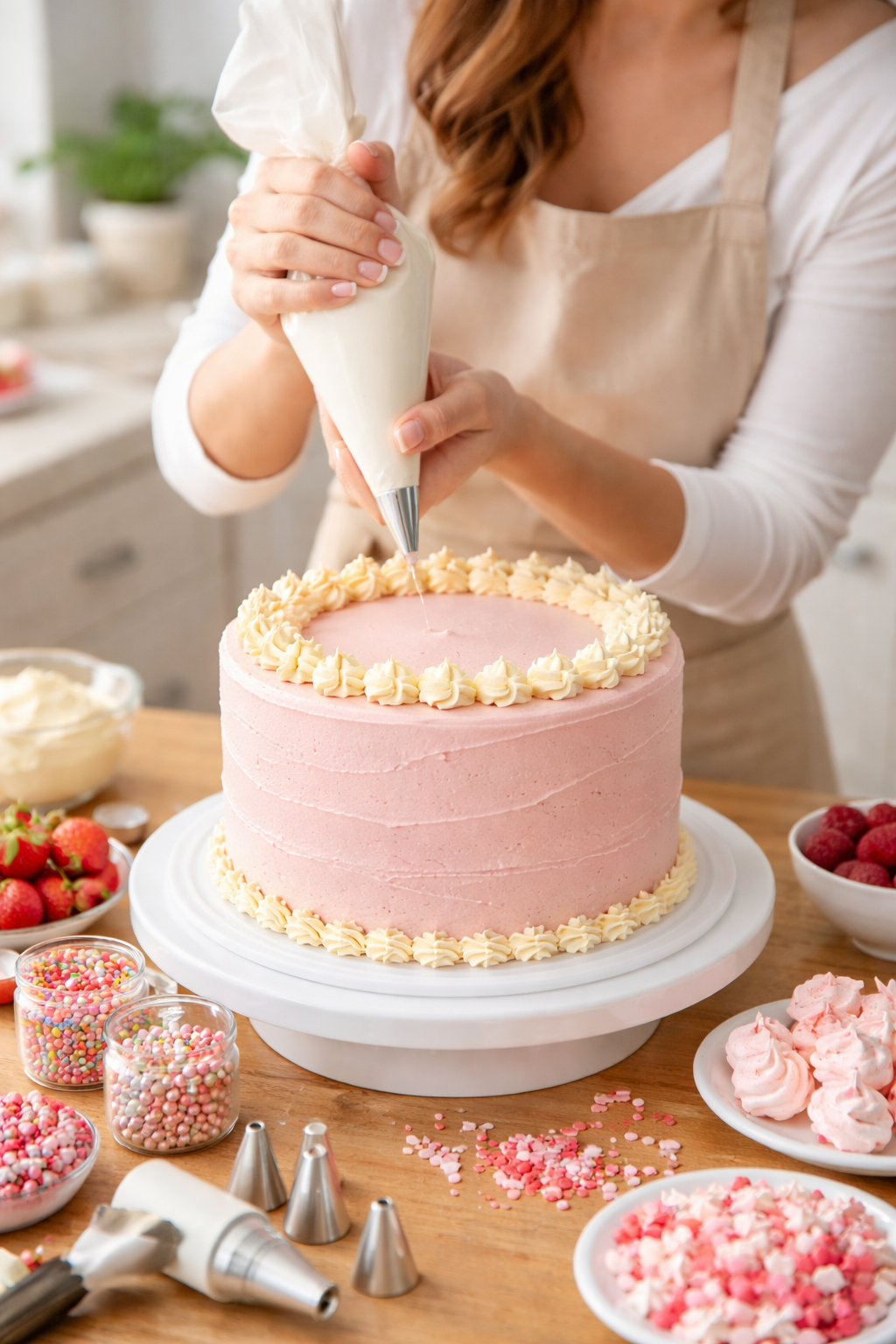 A person decorating a pink cake with white frosting using a piping bag, surrounded by strawberries, raspberries, and colorful sprinkles on a wooden table.