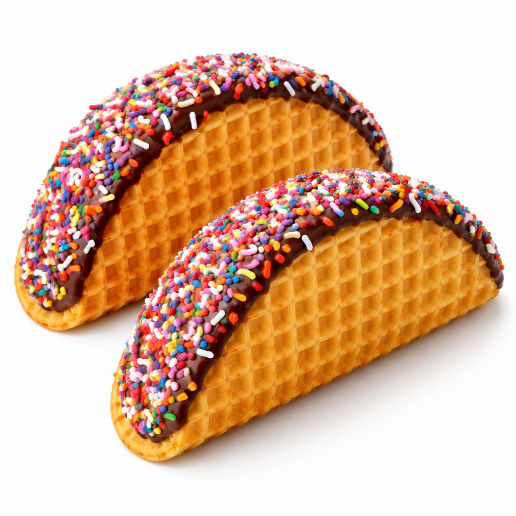 Two waffle taco shells coated in chocolate and colorful sprinkles, positioned next to each other on a white background.