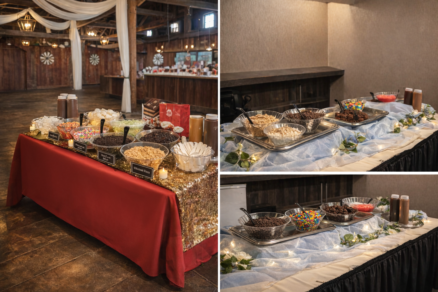 A dessert table featuring various toppings and candies including marshmallows, sprinkles, chocolate chips, and cookies, set in a decorated venue.