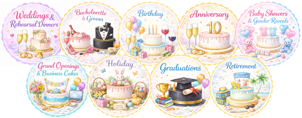 A colorful collage of celebration-themed cake illustrations, including categories like Weddings & Rehearsal Dinners, Bachelorette & Groom, Birthday, Anniversary, Baby Showers & Gender Reveals, Grand Openings & Business Cakes, Holiday, Graduations, and Retirement.