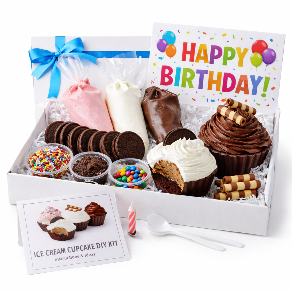 A DIY ice cream cupcake kit featuring colorful frosting, sprinkles, and cookies in a festive box with a 'Happy Birthday' sign.